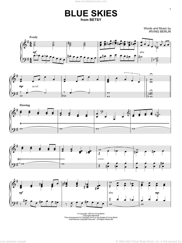 Blue Skies sheet music for piano solo by Irving Berlin and Willie Nelson, intermediate skill level