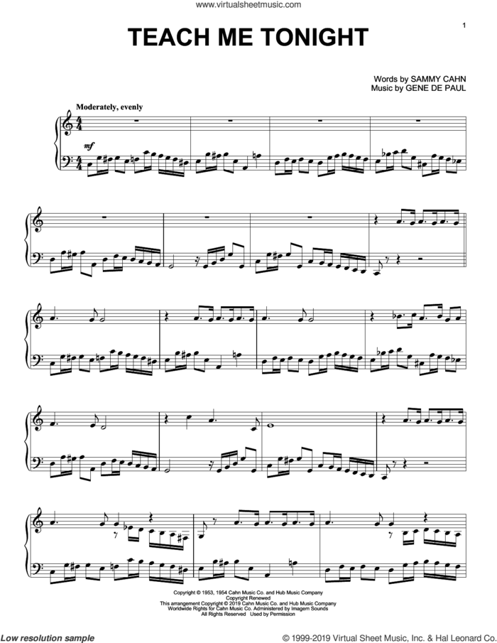 Teach Me Tonight sheet music for piano solo by Sammy Cahn and Gene DePaul, intermediate skill level