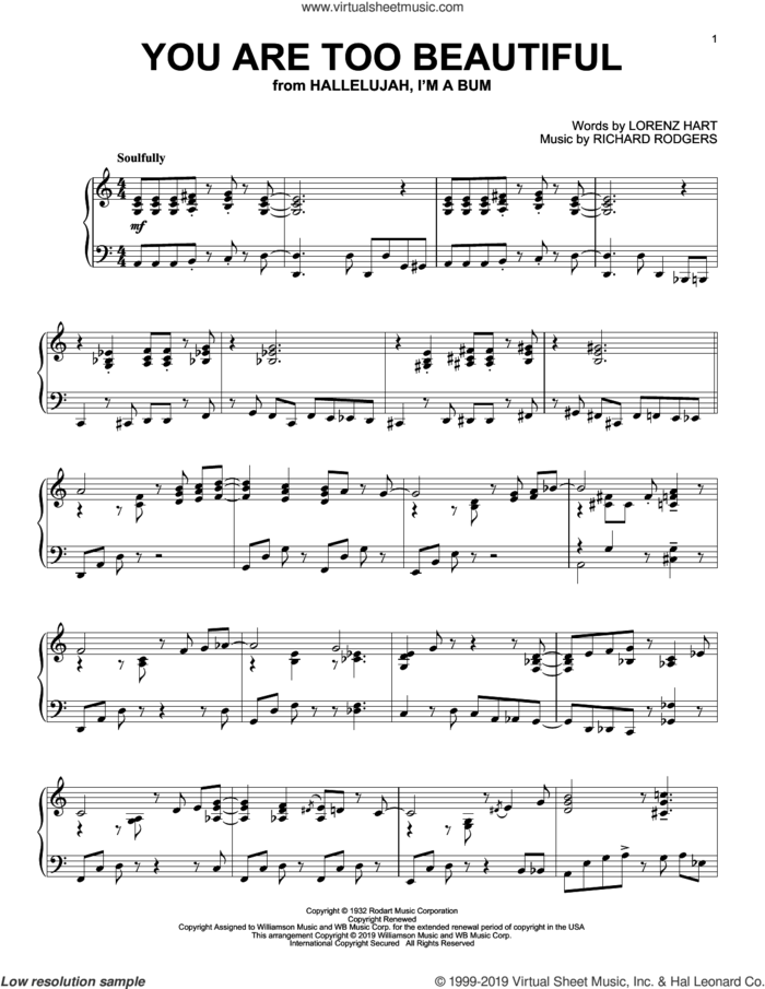 You Are Too Beautiful sheet music for piano solo by Lorenz Hart and Rodgers & Hart, intermediate skill level