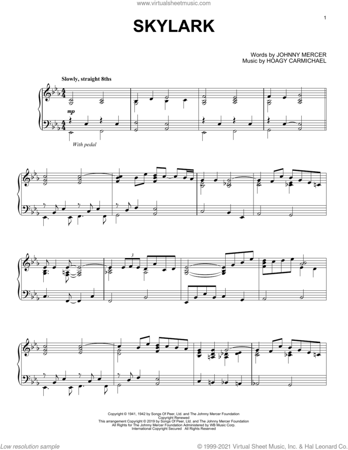 Skylark sheet music for piano solo by Johnny Mercer and Hoagy Carmichael, intermediate skill level