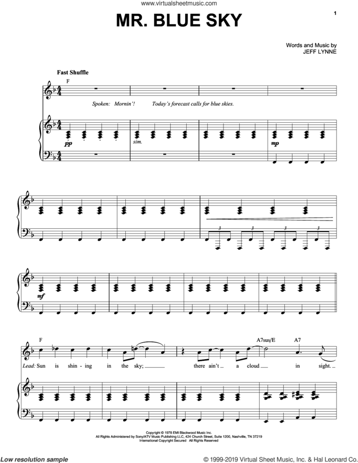 Mr. Blue Sky sheet music for voice and piano by Electric Light Orchestra and Jeff Lynne, intermediate skill level