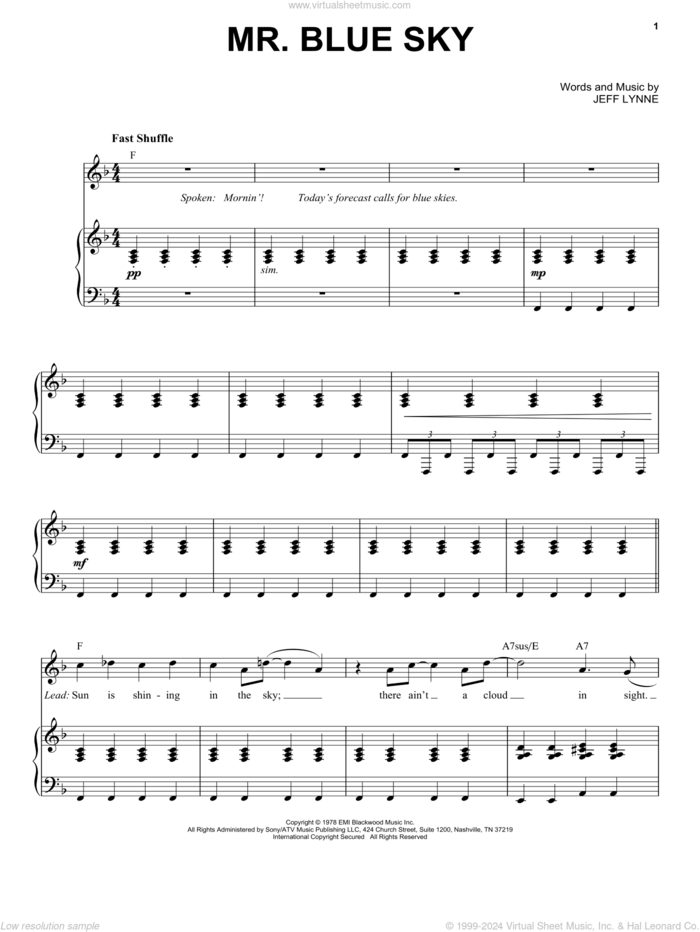 Mr. Blue Sky sheet music for voice and piano by Electric Light Orchestra and Jeff Lynne, intermediate skill level