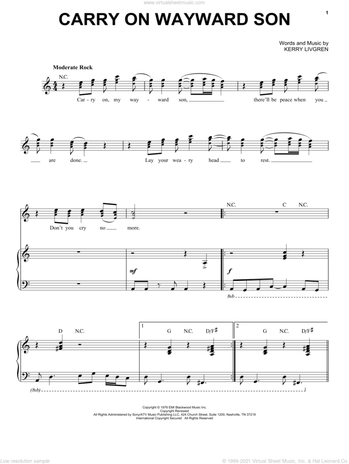 Carry On Wayward Son sheet music for voice and piano by Kansas and Kerry Livgren, intermediate skill level