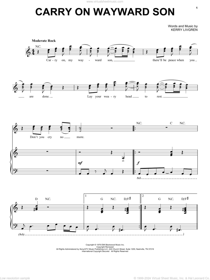 Carry On Wayward Son sheet music for voice and piano by Kansas and Kerry Livgren, intermediate skill level