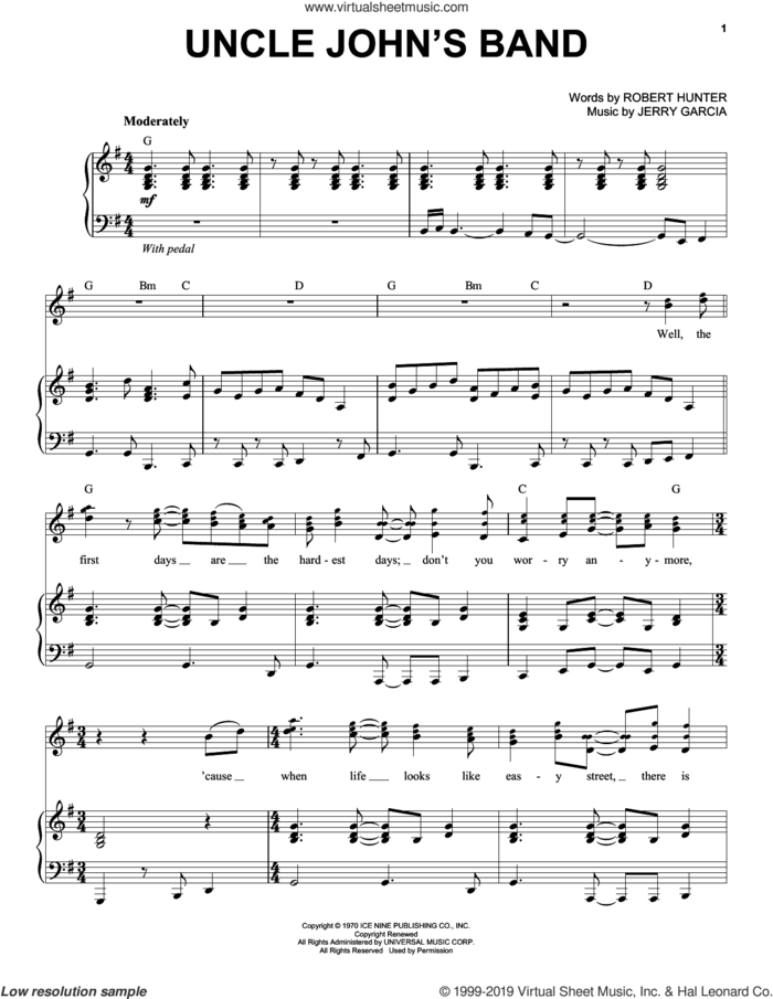Uncle John's Band sheet music for voice and piano by Grateful Dead, Jerry Garcia and Robert Hunter, intermediate skill level