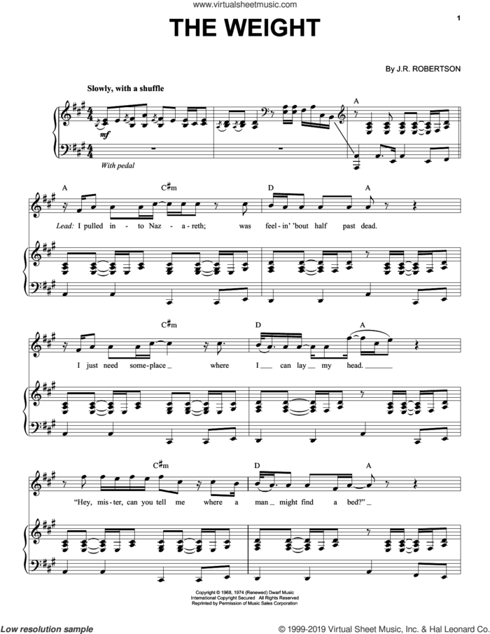 The Weight sheet music for voice and piano by The Band and Robbie Robertson, intermediate skill level