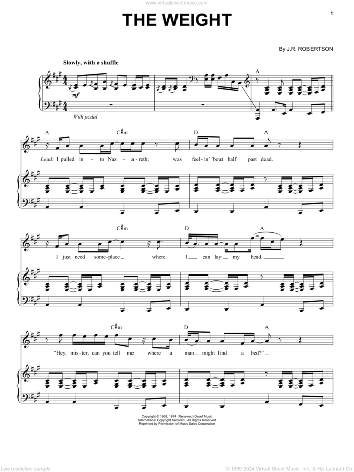 The Weight sheet music for voice and piano by The Band and Robbie Robertson, intermediate skill level