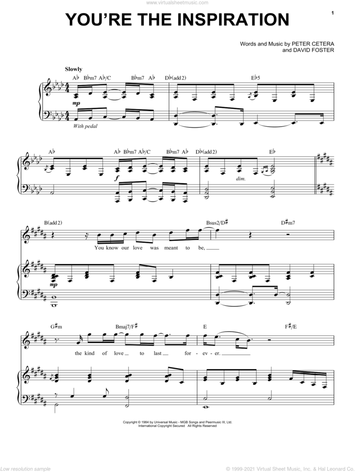 You're The Inspiration sheet music for voice and piano by Chicago and Peter Cetera Featuring AZ Yet, David Foster and Peter Cetera, intermediate skill level