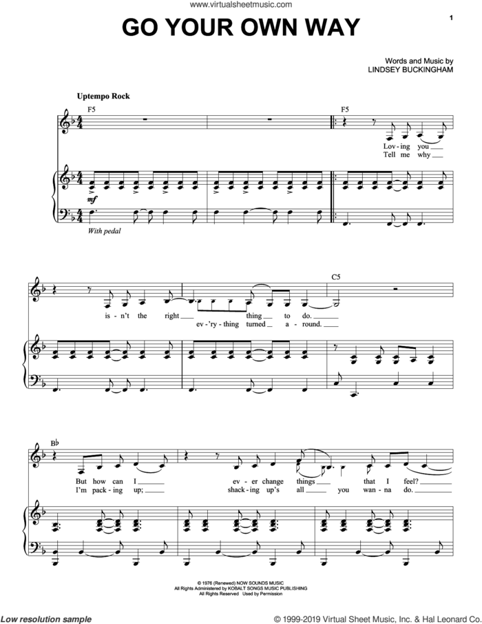 Go Your Own Way sheet music for voice and piano by Fleetwood Mac and Lindsey Buckingham, intermediate skill level