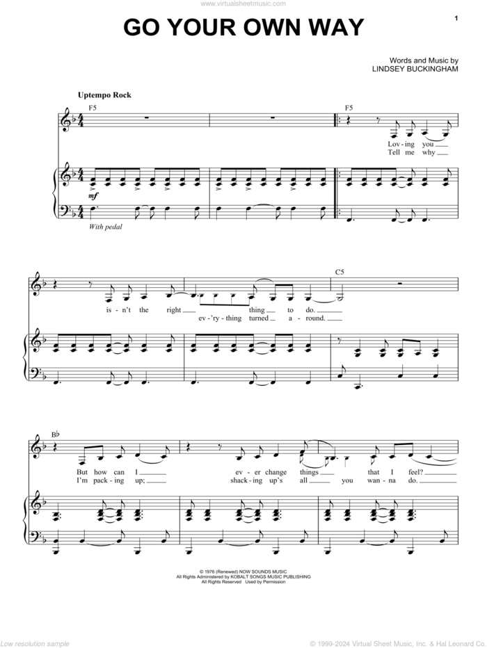 Go Your Own Way sheet music for voice and piano by Fleetwood Mac and Lindsey Buckingham, intermediate skill level