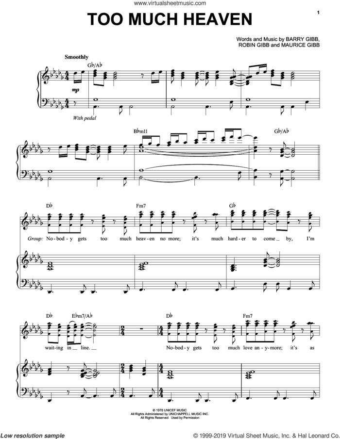 Too Much Heaven sheet music for voice and piano by Bee Gees, Barry Gibb, Maurice Gibb and Robin Gibb, intermediate skill level