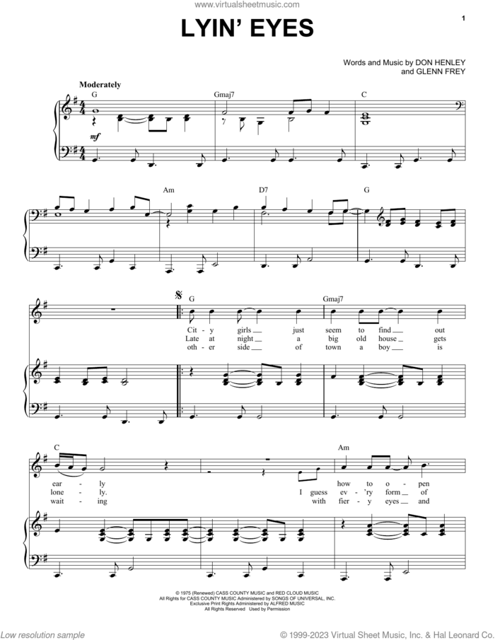 Lyin' Eyes sheet music for voice and piano by Don Henley, The Eagles and Glenn Frey, intermediate skill level