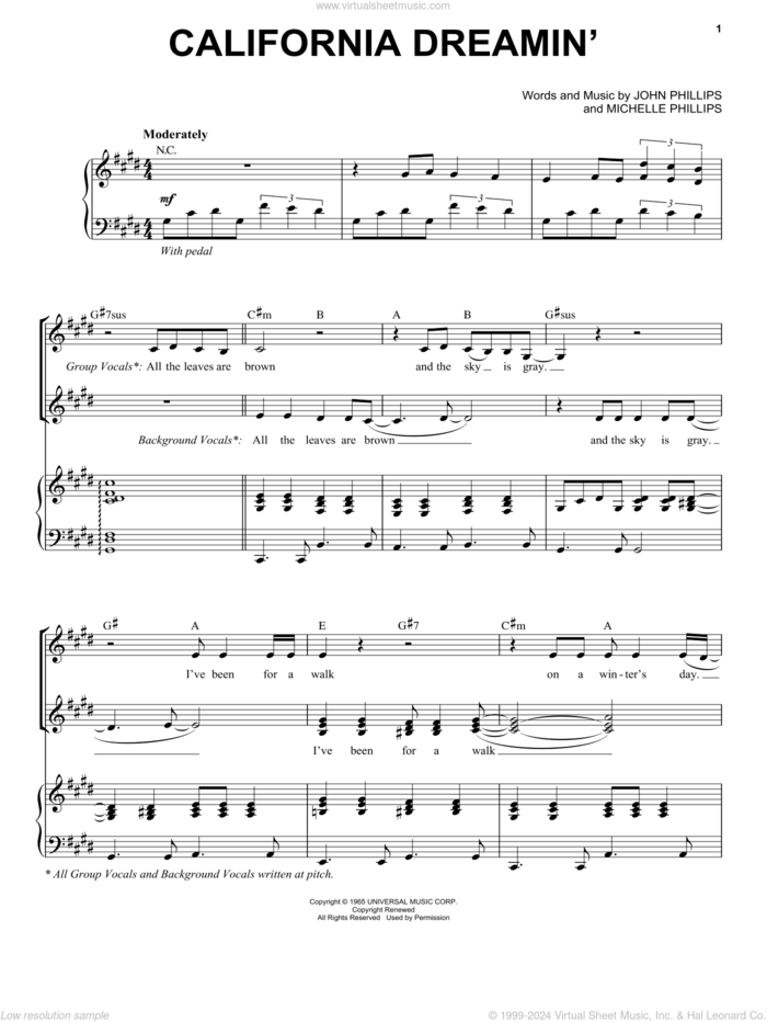 California Dreamin' sheet music for voice and piano by The Mamas & The Papas, John Phillips and Michelle Phillips, intermediate skill level