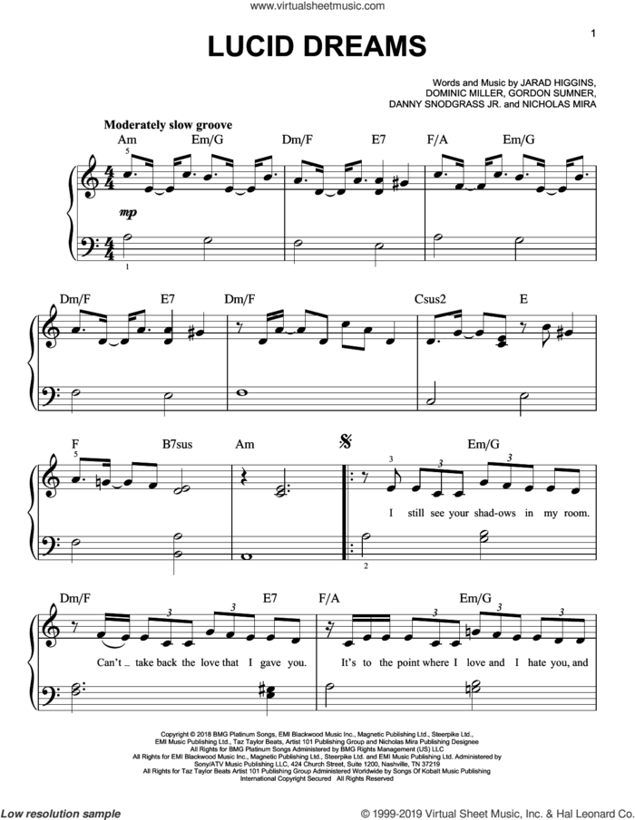 Lucid Dreams sheet music for piano solo by Juice Wrld, Danny Snodgrass Jr., Dominic Miller, Gordon Sumner, Jarad Higgins and Nicholas Mira, easy skill level