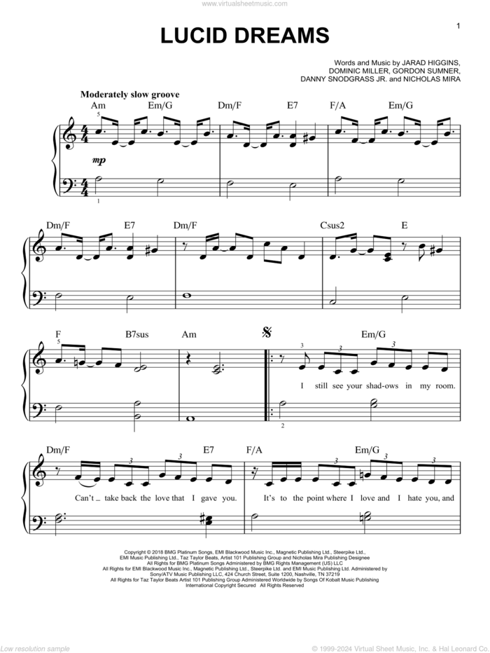 Lucid Dreams sheet music for piano solo by Juice Wrld, Danny Snodgrass Jr., Dominic Miller, Gordon Sumner, Jarad Higgins and Nicholas Mira, easy skill level