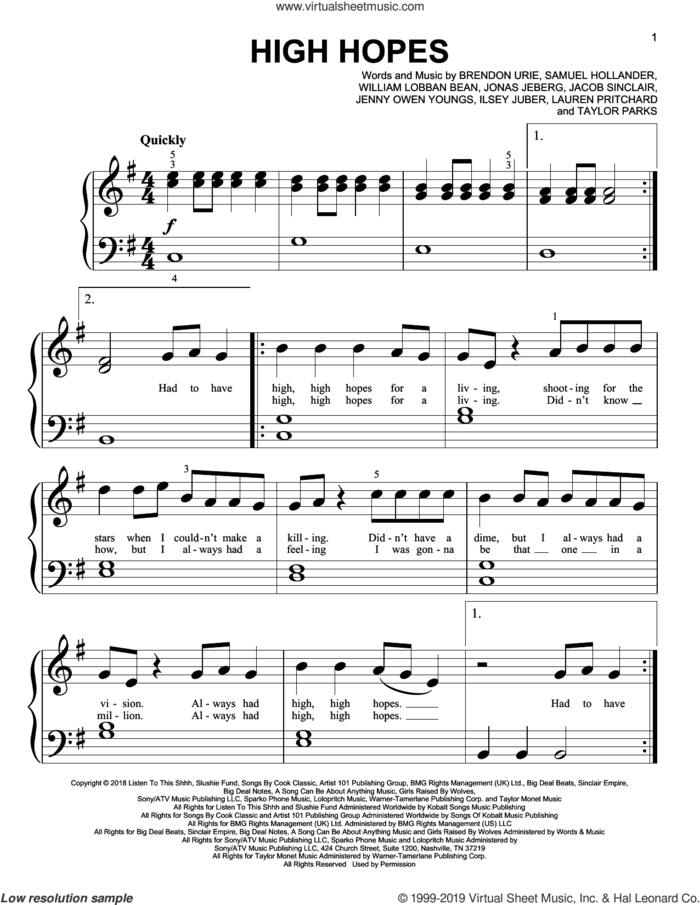 High Hopes sheet music for piano solo (big note book) by Panic! At The Disco, Brendon Urie, Ilsey Juber, Jacob Sinclair, Jenny Owen Youngs, Jonas Jeberg, Lauren Pritchard, Sam Hollander, Taylor Parks and William Lobban Bean, easy piano (big note book)