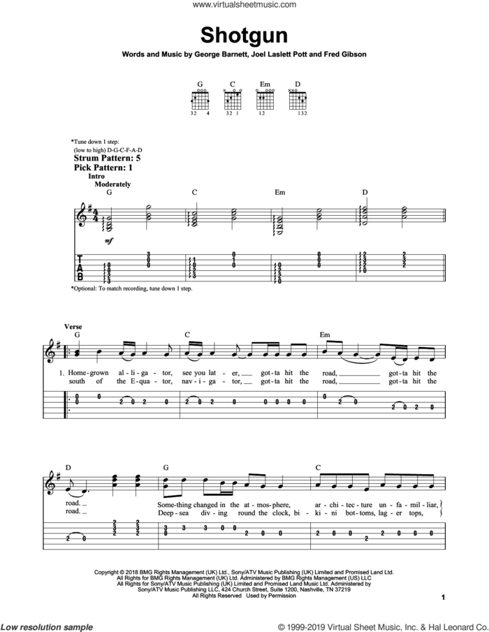 Shotgun sheet music for guitar solo (easy tablature) by George Ezra, Fred Gibson, George Barnet and Joel Laslett Pott, easy guitar (easy tablature)