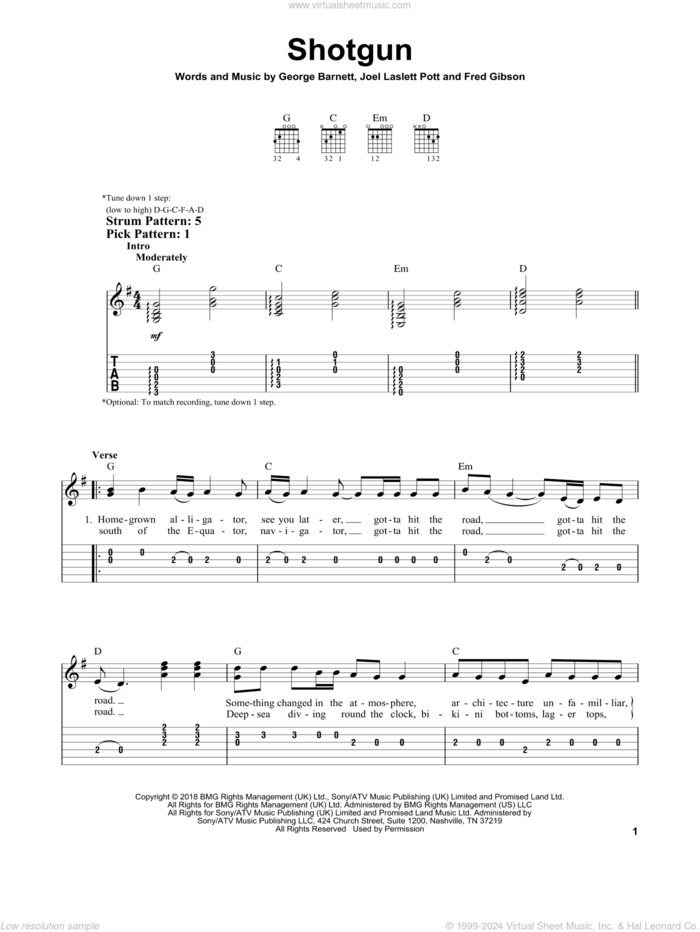 Shotgun sheet music for guitar solo (easy tablature) by George Ezra, Fred Gibson, George Barnet and Joel Laslett Pott, easy guitar (easy tablature)