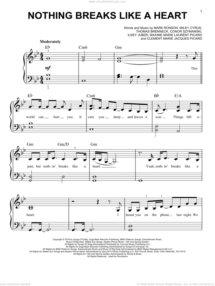 Nothing Breaks Like A Heart (feat. Miley Cyrus), (easy) sheet music for piano solo by Mark Ronson, Clement Marie Jacques Picard, Conor Szymansk, Ilsey Juber, Maxime Marie Laurent Picard, Miley Cyrus and Thomas Brenneck, easy skill level