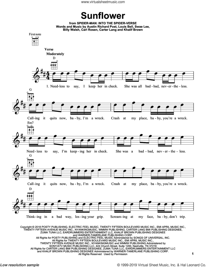 Sunflower (from Spider-Man: Into The Spider-Verse) sheet music for ukulele by Post Malone & Swae Lee, Austin Richard Post, Billy Walsh, Carl Austin Rosen, Carter Lang, Khalif Brown and Louis Bell, intermediate skill level