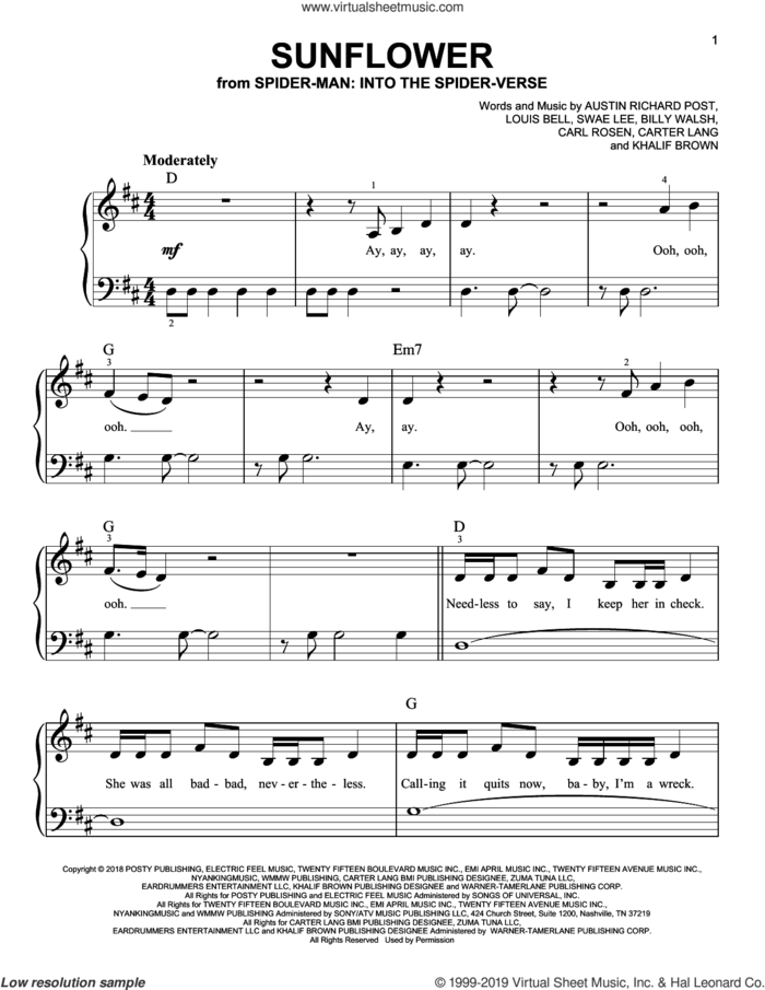 Sunflower (from Spider-Man: Into The Spider-Verse), (beginner) sheet music for piano solo by Post Malone & Swae Lee, Austin Richard Post, Billy Walsh, Carl Austin Rosen, Carter Lang, Khalif Brown and Louis Bell, beginner skill level