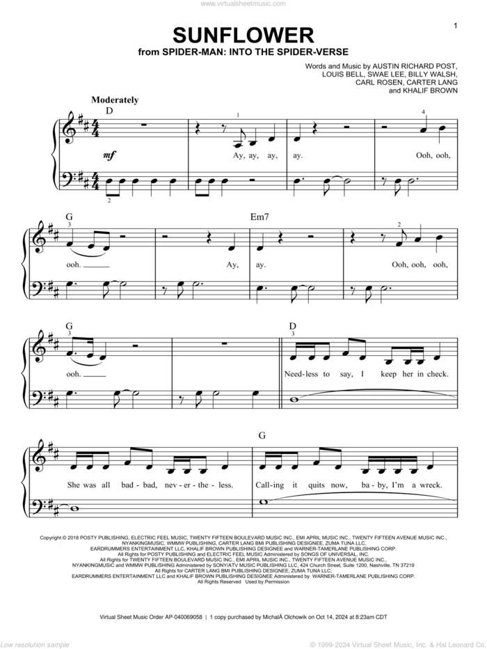 Sunflower (from Spider-Man: Into The Spider-Verse), (beginner) sheet music for piano solo by Post Malone & Swae Lee, Austin Richard Post, Billy Walsh, Carl Austin Rosen, Carter Lang, Khalif Brown and Louis Bell, beginner skill level