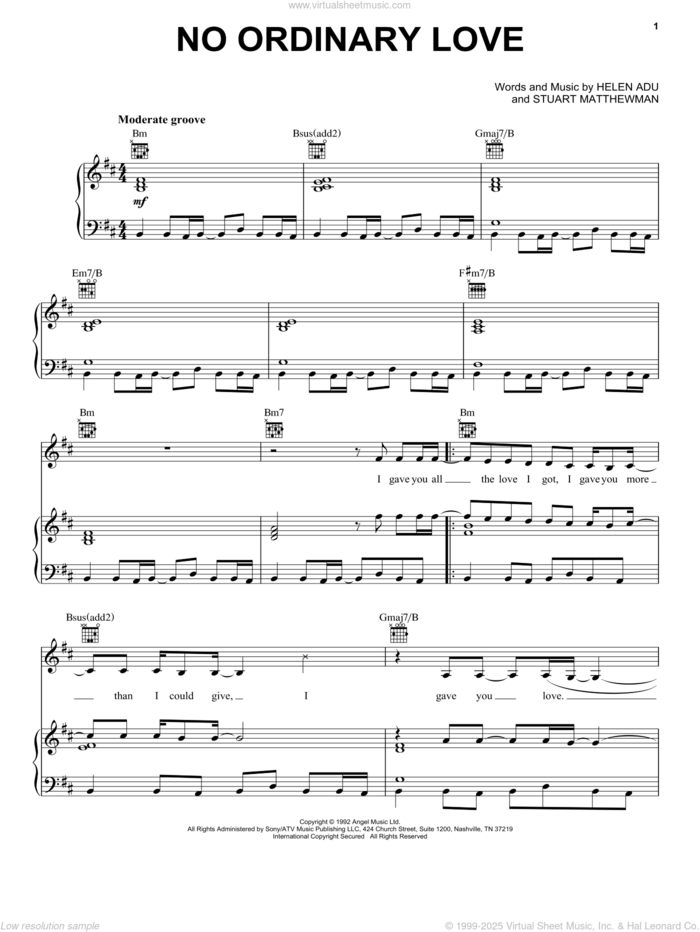 No Ordinary Love sheet music for voice, piano or guitar by Sade, Helen Adu and Stuart Matthewman, intermediate skill level