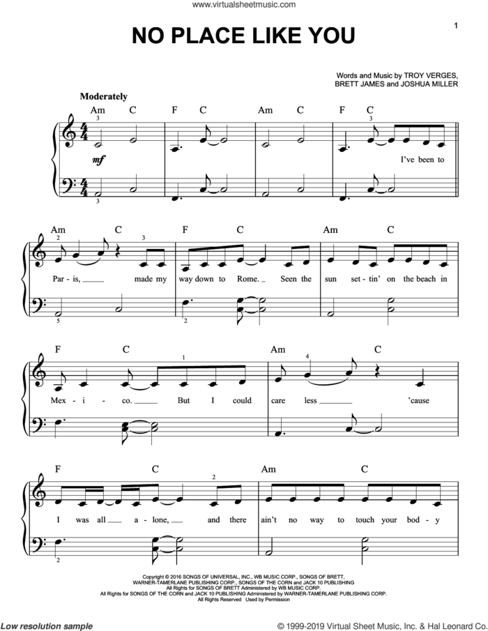 No Place Like You sheet music for piano solo by Backstreet Boys, Brett James, Joshua Miller and Troy Verges, beginner skill level