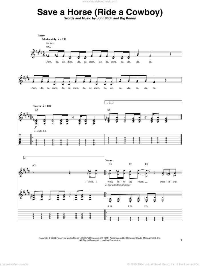 Save A Horse (Ride A Cowboy) sheet music for guitar (tablature, play-along) by Big & Rich, Big Kenny and John Rich, intermediate skill level