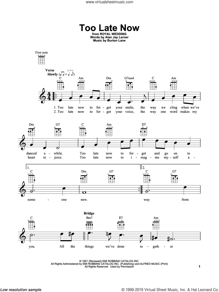 Too Late Now sheet music for ukulele by Tommy Flanagan, Alan Jay Lerner and Burton Lane, intermediate skill level