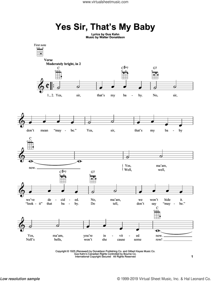 Yes Sir, That's My Baby sheet music for ukulele by Gus Kahn and Walter Donaldson, intermediate skill level