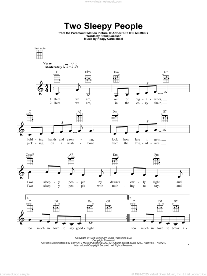 Two Sleepy People sheet music for ukulele by Hoagy Carmichael and Frank Loesser, intermediate skill level