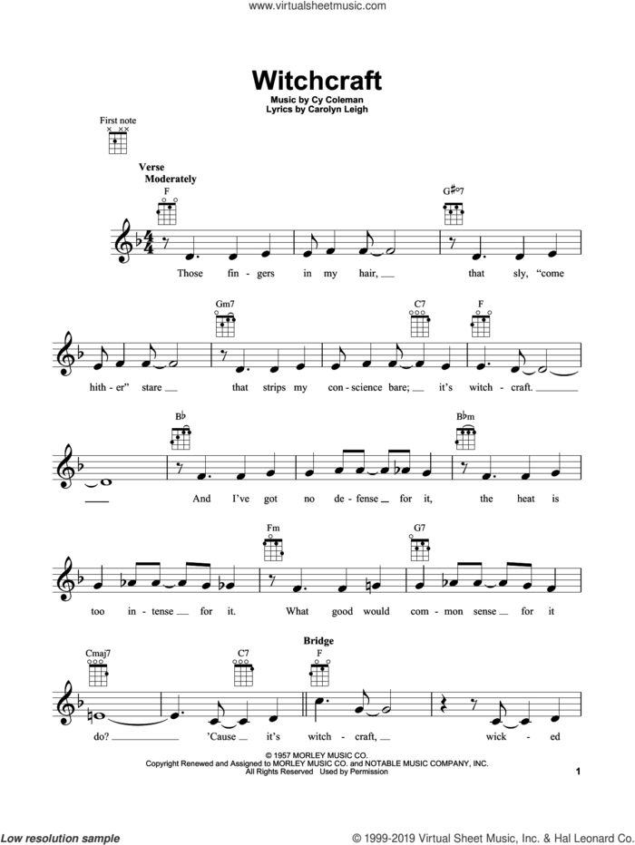 Witchcraft sheet music for ukulele by Cy Coleman and Carolyn Leigh, intermediate skill level