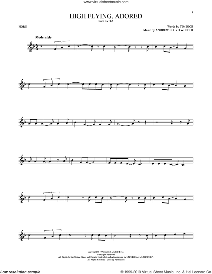 High Flying, Adored (from Evita) sheet music for horn solo by Andrew Lloyd Webber and Tim Rice, intermediate skill level