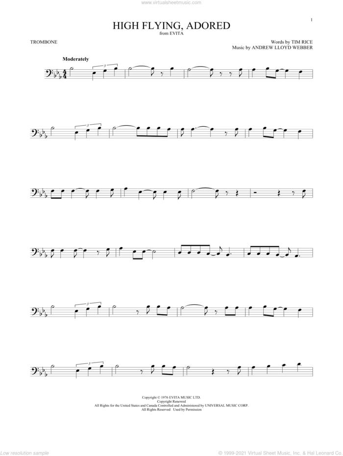 High Flying, Adored (from Evita) sheet music for trombone solo by Andrew Lloyd Webber and Tim Rice, intermediate skill level