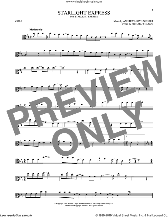 Starlight Express sheet music for viola solo by Andrew Lloyd Webber and Richard Stilgoe, intermediate skill level