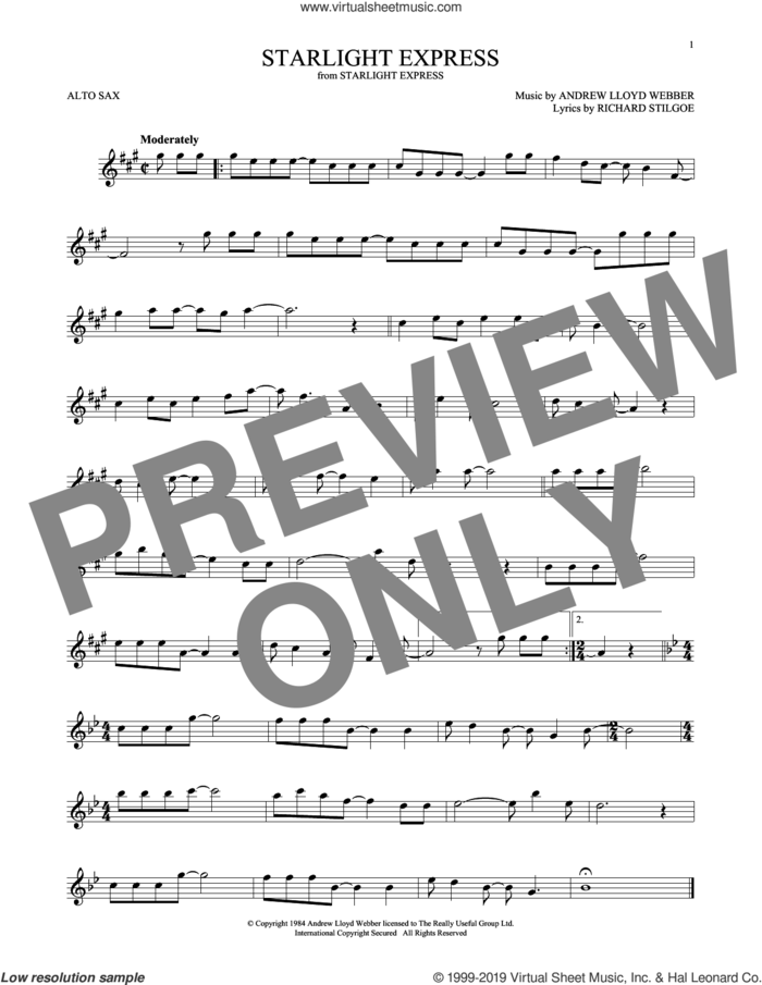 Starlight Express sheet music for alto saxophone solo by Andrew Lloyd Webber and Richard Stilgoe, intermediate skill level