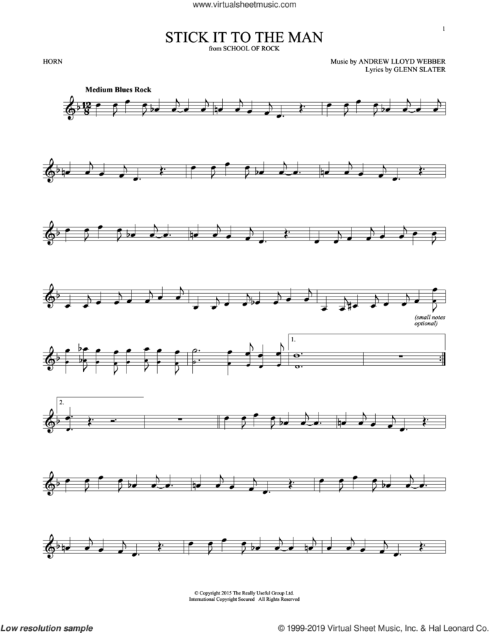 Stick It To The Man (from School of Rock: The Musical) sheet music for horn solo by Andrew Lloyd Webber and Glenn Slater, intermediate skill level