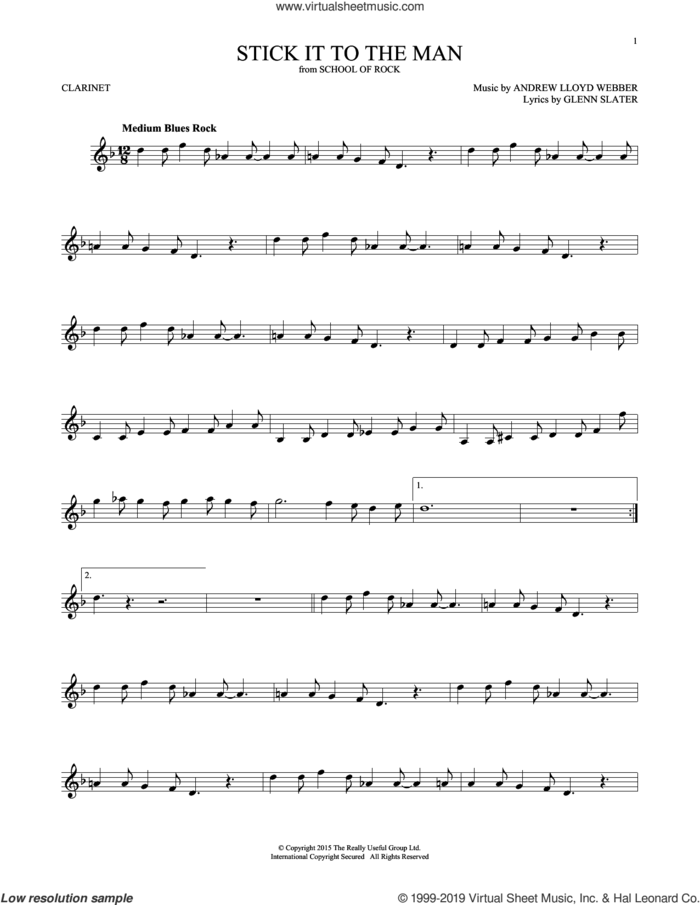 Stick It To The Man (from School of Rock: The Musical) sheet music for clarinet solo by Andrew Lloyd Webber and Glenn Slater, intermediate skill level