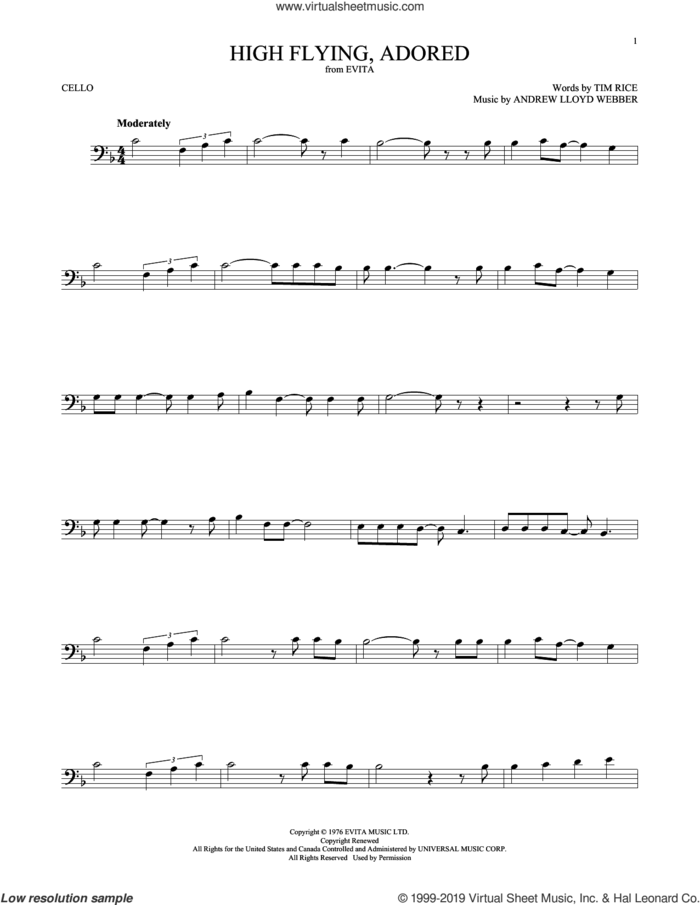 High Flying, Adored (from Evita) sheet music for cello solo by Andrew Lloyd Webber and Tim Rice, intermediate skill level