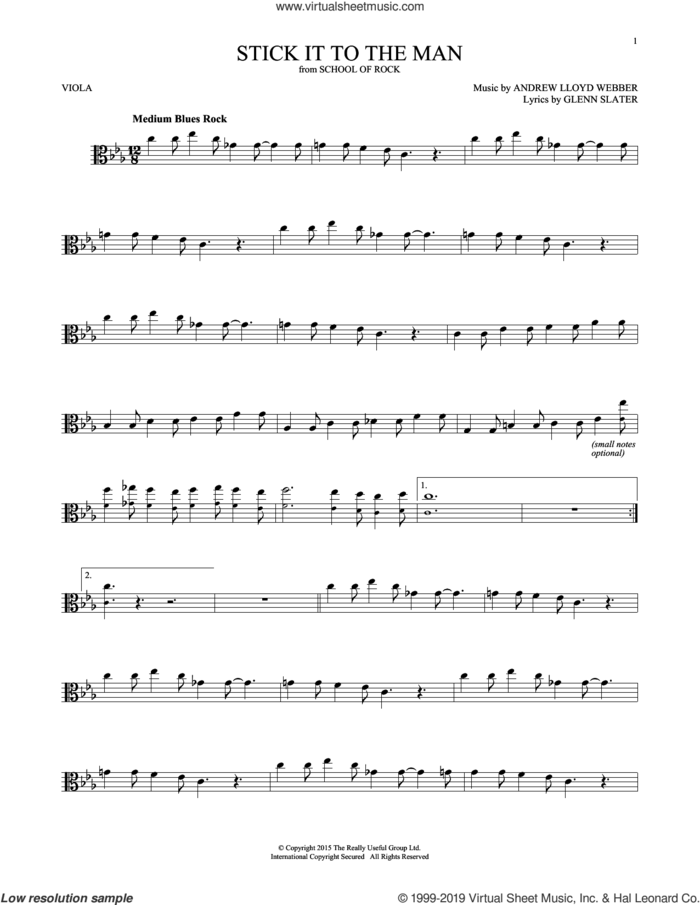 Stick It To The Man (from School of Rock: The Musical) sheet music for viola solo by Andrew Lloyd Webber and Glenn Slater, intermediate skill level