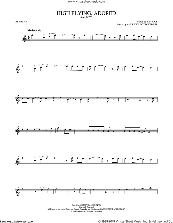 High Flying, Adored (from Evita) sheet music for alto saxophone solo by Andrew Lloyd Webber and Tim Rice, intermediate skill level