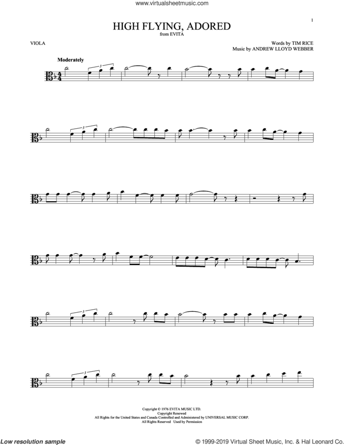 High Flying, Adored (from Evita) sheet music for viola solo by Andrew Lloyd Webber and Tim Rice, intermediate skill level