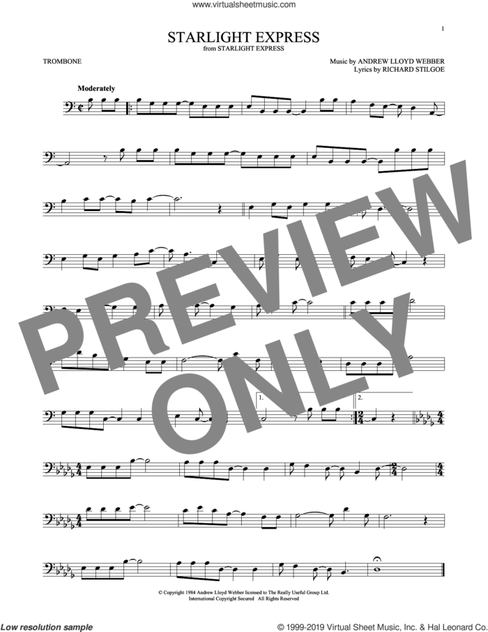 Starlight Express sheet music for trombone solo by Andrew Lloyd Webber and Richard Stilgoe, intermediate skill level