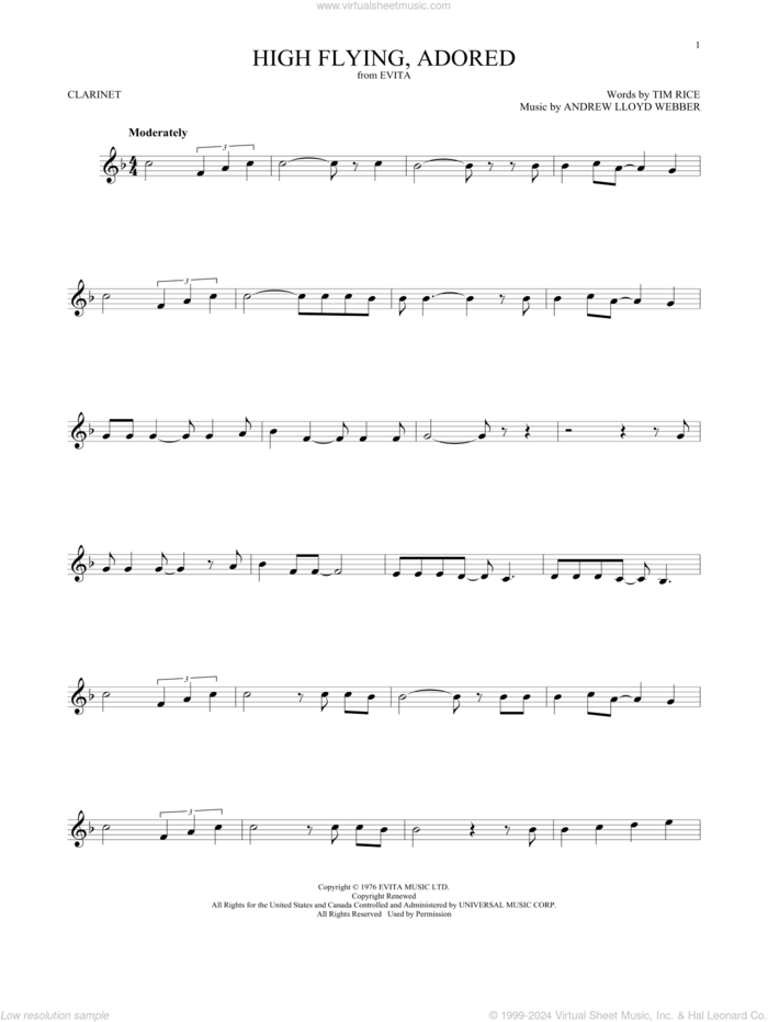 High Flying, Adored (from Evita) sheet music for clarinet solo by Andrew Lloyd Webber and Tim Rice, intermediate skill level