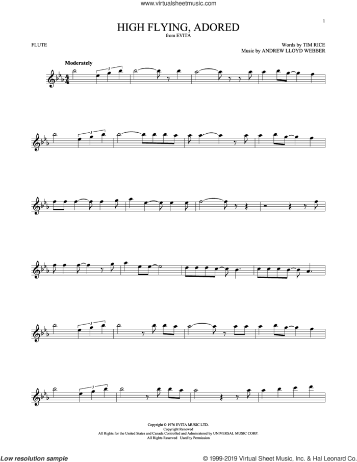 High Flying, Adored (from Evita) sheet music for flute solo by Andrew Lloyd Webber and Tim Rice, intermediate skill level