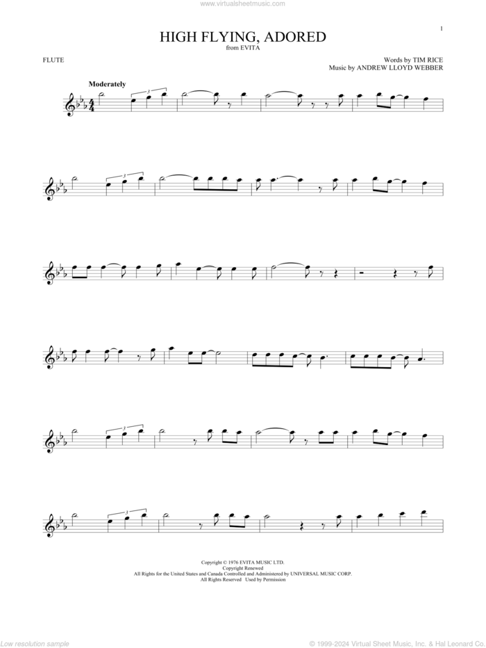 High Flying, Adored (from Evita) sheet music for flute solo by Andrew Lloyd Webber and Tim Rice, intermediate skill level