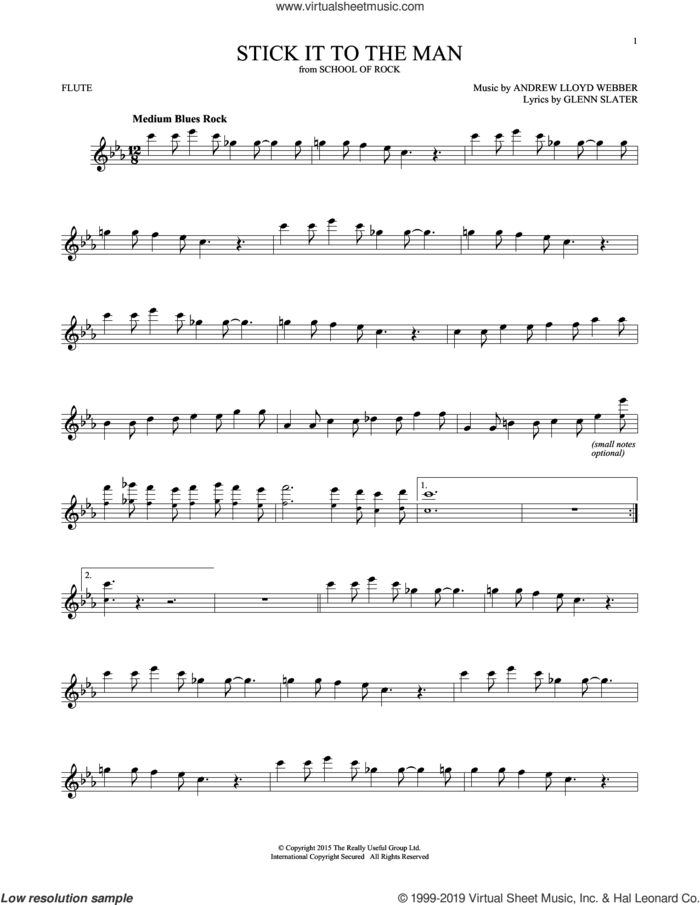 Stick It To The Man (from School of Rock: The Musical) sheet music for flute solo by Andrew Lloyd Webber and Glenn Slater, intermediate skill level