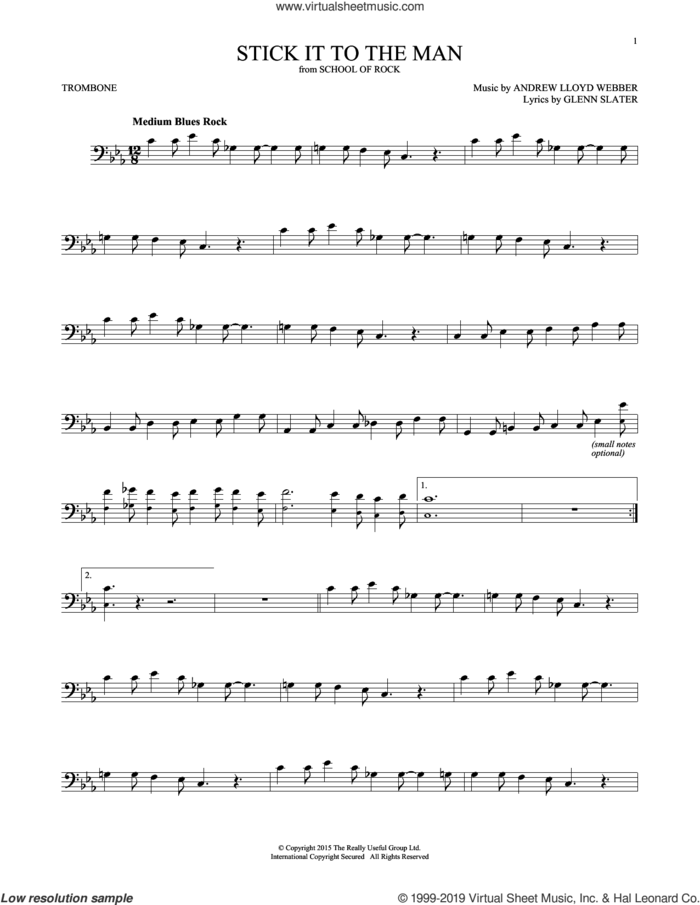 Stick It To The Man (from School of Rock: The Musical) sheet music for trombone solo by Andrew Lloyd Webber and Glenn Slater, intermediate skill level