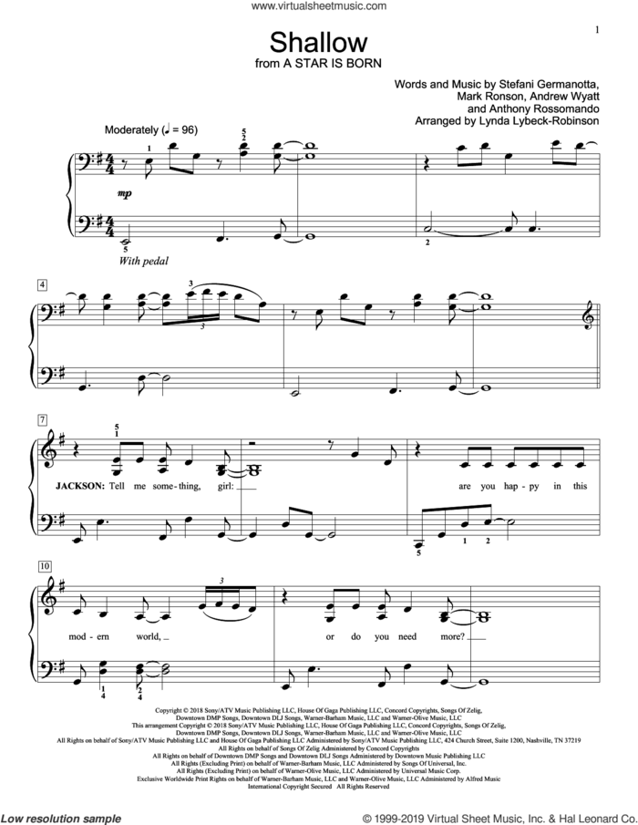 Shallow (from A Star Is Born) (arr. Lynda Lybeck-Robinson) sheet music for piano solo (elementary) by Lady Gaga & Bradley Cooper, Lynda Lybeck-Robinson, Andrew Wyatt, Anthony Rossomando, Lady Gaga and Mark Ronson, beginner piano (elementary)
